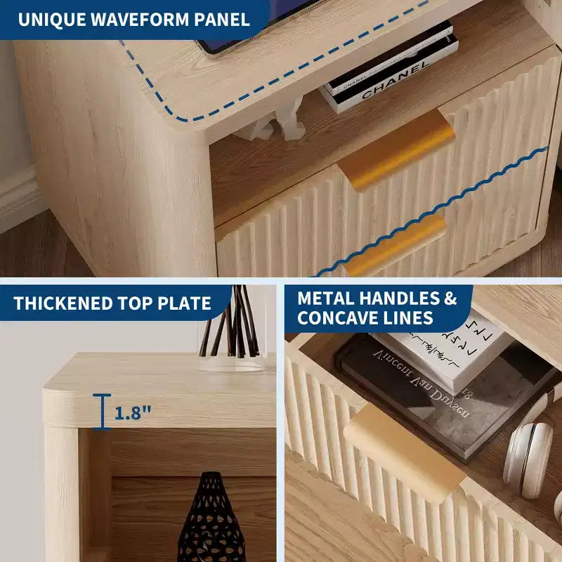 Comodino scanalato moderno di metà secolo con stazione di ricarica, tavolino in legno con angoli arrotondati, elegante comodino per camera da letto