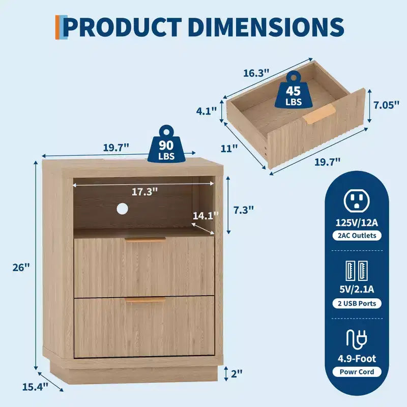 Comodino scanalato moderno di metà secolo con stazione di ricarica, tavolino in legno con angoli arrotondati, elegante comodino per camera da letto