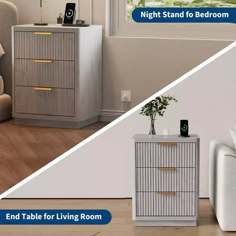 Comodino scanalato moderno di metà secolo con stazione di ricarica, tavolino in legno con angoli arrotondati, elegante comodino per camera da letto