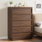 Walnut 5 Drawer Dresser for Bedroom, Modern 5 Chest of Drawers with Handle-free Design, 43in Tall Closet Organizer for Bedroom, Living Room, Nursery