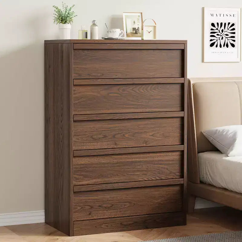Walnut 5 Drawer Dresser for Bedroom, Modern 5 Chest of Drawers with Handle-free Design, 43in Tall Closet Organizer for Bedroom, Living Room, Nursery