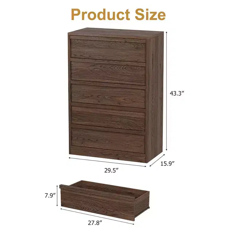 Cassettiera a 5 cassetti in noce per camera da letto, moderna cassettiera a 5 cassetti con design senza maniglie, organizer per armadio alto 109 cm per camera da letto, soggiorno, cameretta