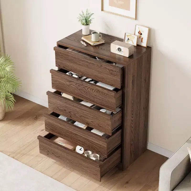 Cassettiera a 5 cassetti in noce per camera da letto, moderna cassettiera a 5 cassetti con design senza maniglie, organizer per armadio alto 109 cm per camera da letto, soggiorno, cameretta