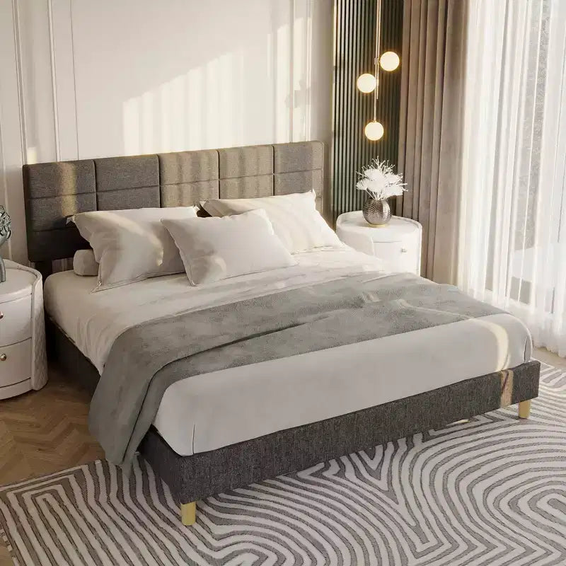 Twin Size Linen Upholstered Platform Bed Frame, Gray, Height Adjustable Headboard, Strong Wood Slats & Support Legs, Metal Frame, No Box Spring Need