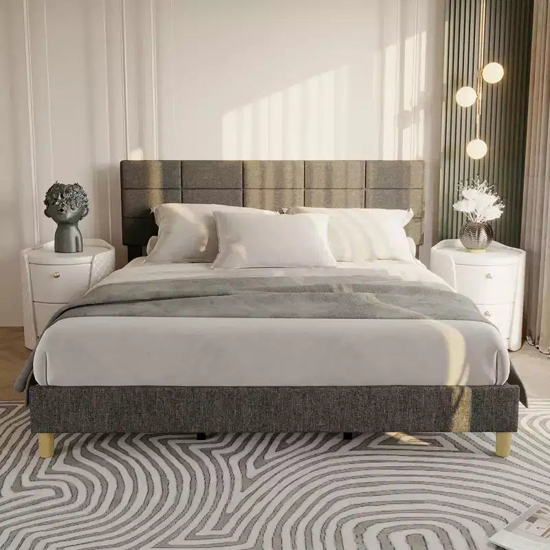 Struttura letto a piattaforma in lino imbottito Twin Size, Grigio, testiera regolabile in altezza, robuste doghe in legno e gambe di supporto, telaio in metallo, nessun materasso a molle necessario