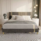 Struttura letto a piattaforma in lino imbottito Twin Size, Grigio, testiera regolabile in altezza, robuste doghe in legno e gambe di supporto, telaio in metallo, nessun materasso a molle necessario