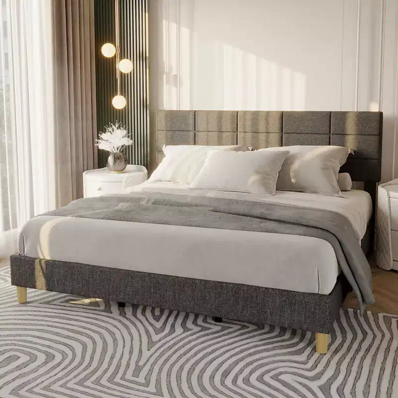 Struttura letto a piattaforma in lino imbottito Twin Size, Grigio, testiera regolabile in altezza, robuste doghe in legno e gambe di supporto, telaio in metallo, nessun materasso a molle necessario