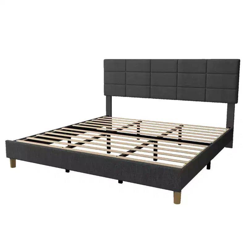 Struttura letto a piattaforma in lino imbottito Twin Size, Grigio, testiera regolabile in altezza, robuste doghe in legno e gambe di supporto, telaio in metallo, nessun materasso a molle necessario