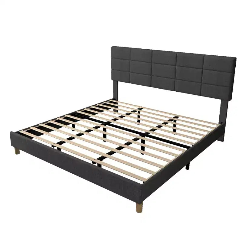 Struttura letto a piattaforma in lino imbottito Twin Size, Grigio, testiera regolabile in altezza, robuste doghe in legno e gambe di supporto, telaio in metallo, nessun materasso a molle necessario