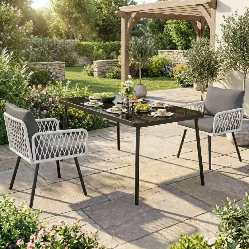 3 Piece Patio Dining Set, Outdoor All-Weather PE Wicker Conversation Set with 2 Chairs + Large Tempered Glass Table, Compact Patio Furniture