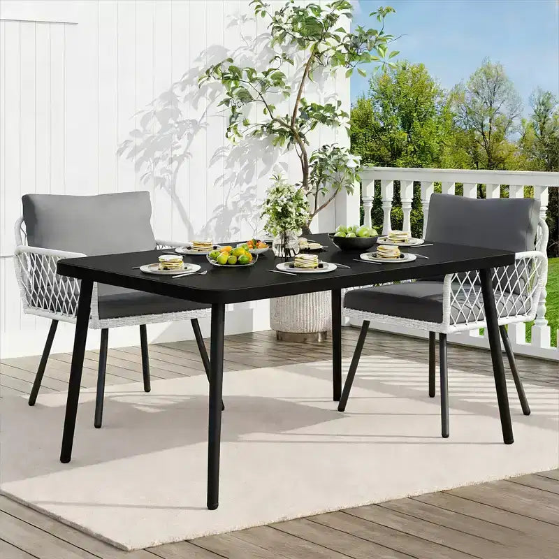 Set da pranzo da 3 pezzi per esterni, Set da conversazione in vimini PE resistente alle intemperie con 2 sedie + grande tavolo in vetro temperato, Mobili compatti per patio