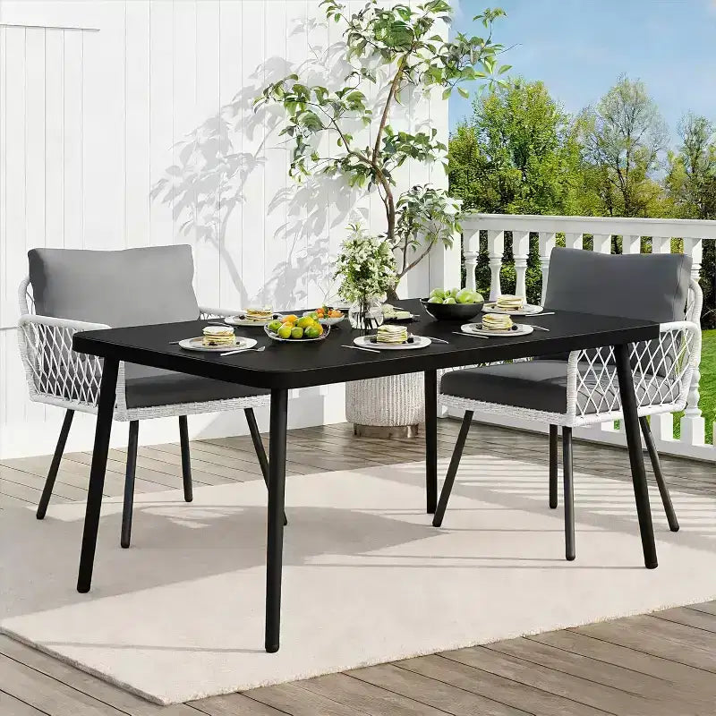 Set da pranzo da 3 pezzi per esterni, Set da conversazione in vimini PE resistente alle intemperie con 2 sedie + grande tavolo in vetro temperato, Mobili compatti per patio
