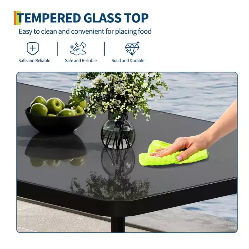 Set da pranzo da 3 pezzi per esterni, Set da conversazione in vimini PE resistente alle intemperie con 2 sedie + grande tavolo in vetro temperato, Mobili compatti per patio