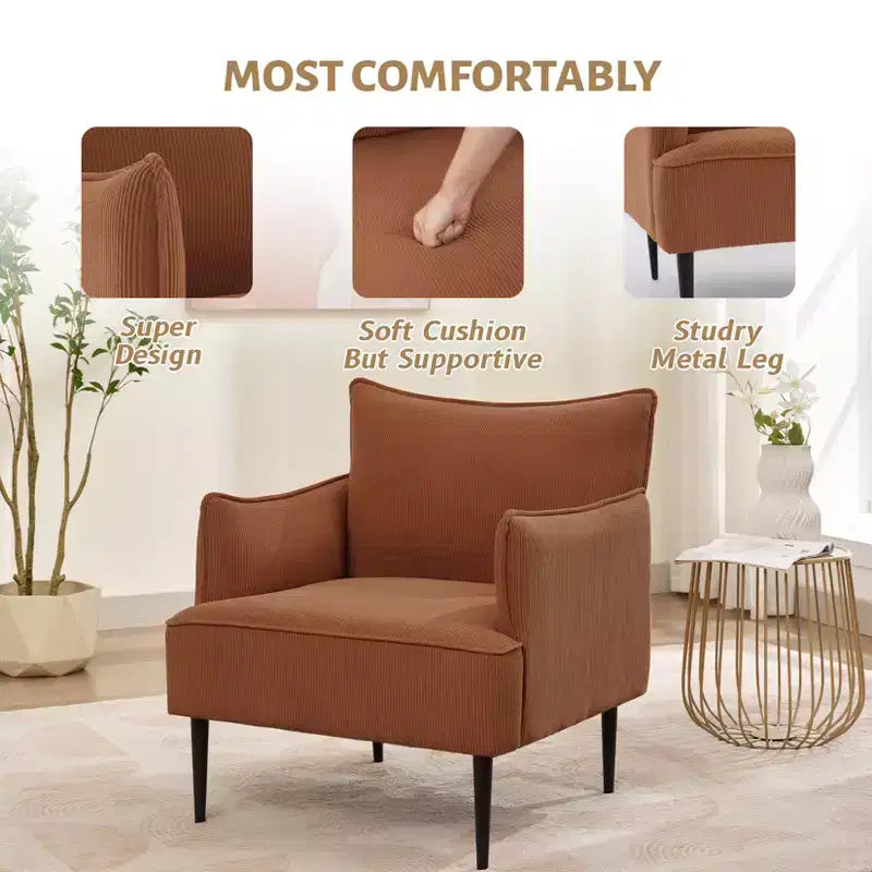 Poltrona Singola, Divano Poltrona Rivestito in Tessuto di Lino con Ampio Bracciolo Ergonomico, Cuscini Rimovibili, Struttura in Legno e Gambe in Metallo, Facile da Montare