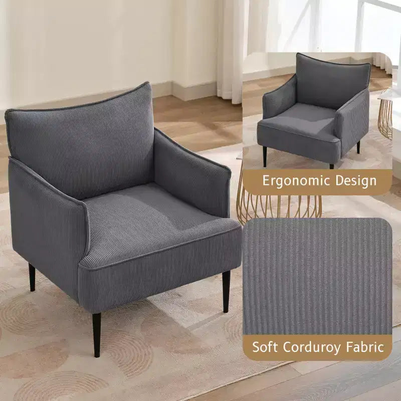 Poltrona Singola, Divano Poltrona Rivestito in Tessuto di Lino con Ampio Bracciolo Ergonomico, Cuscini Rimovibili, Struttura in Legno e Gambe in Metallo, Facile da Montare