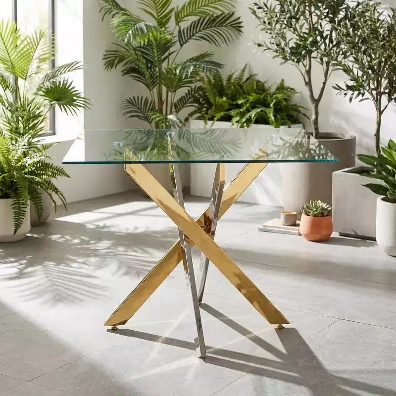 FurnitureR Modern Glass Dining Table with Tempered Glass Top and Gold Metal Base, Contemporary Kitchen Table for Dining Room Apartment Kitchen