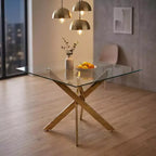 Tavolo da pranzo moderno FurnitureR in vetro con piano in vetro temperato e base in metallo dorato, tavolo da cucina contemporaneo per sala da pranzo appartamento cucina