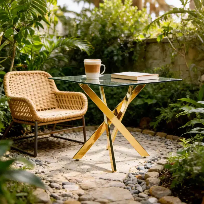 Tavolo da pranzo moderno FurnitureR in vetro con piano in vetro temperato e base in metallo dorato, tavolo da cucina contemporaneo per sala da pranzo appartamento cucina