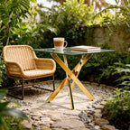 Tavolo da pranzo moderno FurnitureR in vetro con piano in vetro temperato e base in metallo dorato, tavolo da cucina contemporaneo per sala da pranzo appartamento cucina