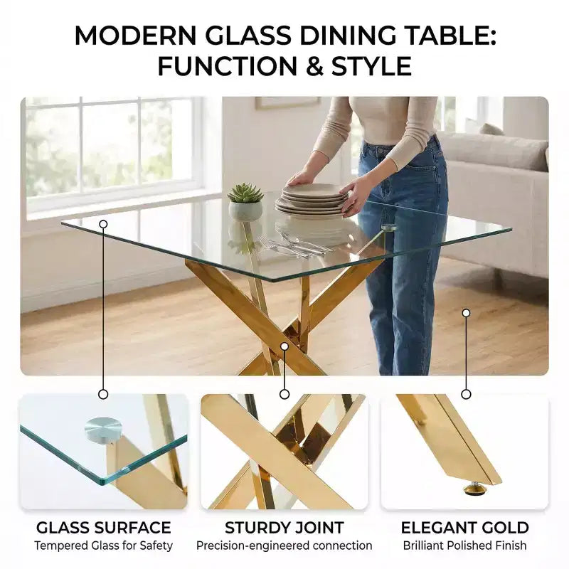 Tavolo da pranzo moderno FurnitureR in vetro con piano in vetro temperato e base in metallo dorato, tavolo da cucina contemporaneo per sala da pranzo appartamento cucina