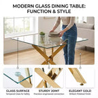 Tavolo da pranzo moderno FurnitureR in vetro con piano in vetro temperato e base in metallo dorato, tavolo da cucina contemporaneo per sala da pranzo appartamento cucina