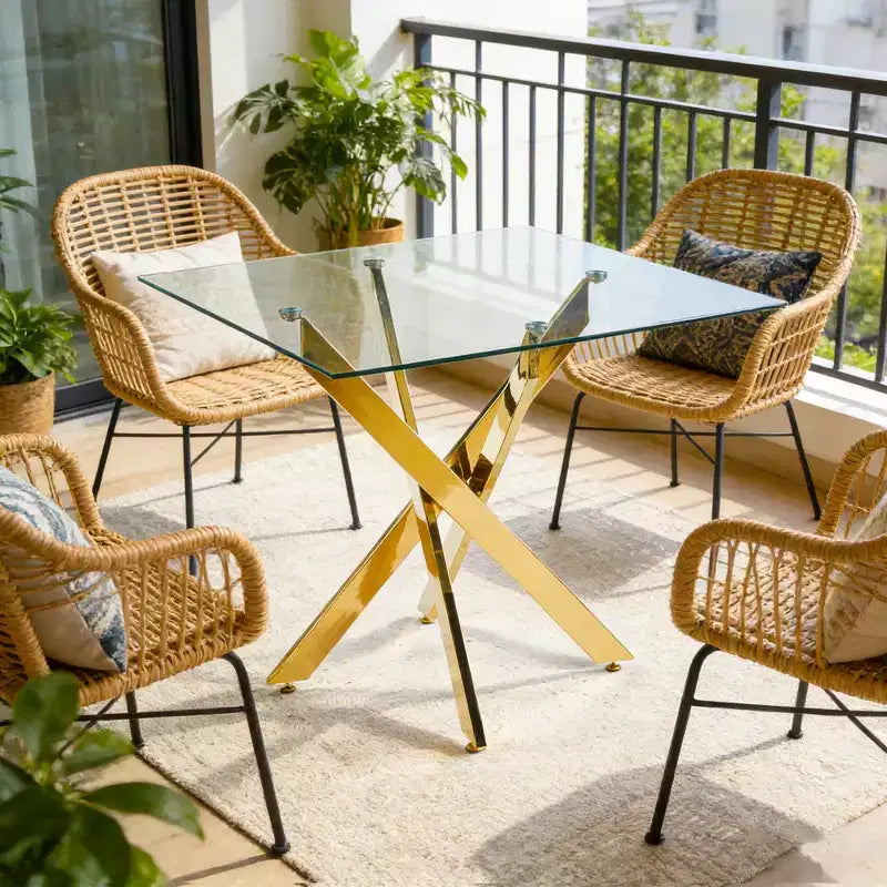 Tavolo da pranzo moderno FurnitureR in vetro con piano in vetro temperato e base in metallo dorato, tavolo da cucina contemporaneo per sala da pranzo appartamento cucina