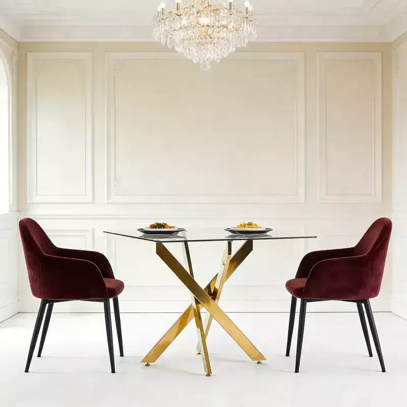Tavolo da pranzo moderno FurnitureR in vetro con piano in vetro temperato e base in metallo dorato, tavolo da cucina contemporaneo per sala da pranzo appartamento cucina