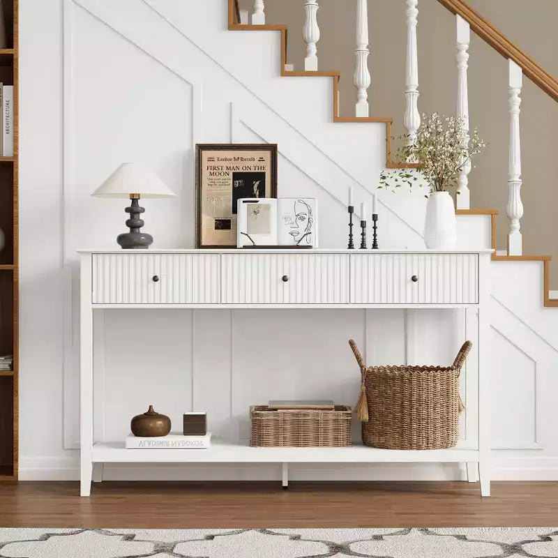 Fluted Console Table with 3 Drawers, Storage Shelf, White