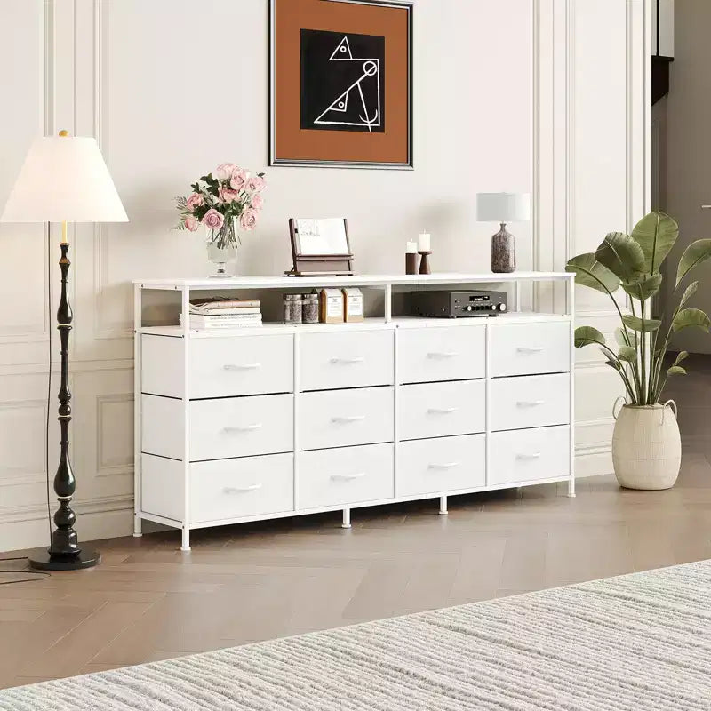Cassettiera a 12 cassetti in tessuto lunga 160 cm con ripiani aperti, mobile porta TV per soggiorno, camera da letto, cassettiera a torre