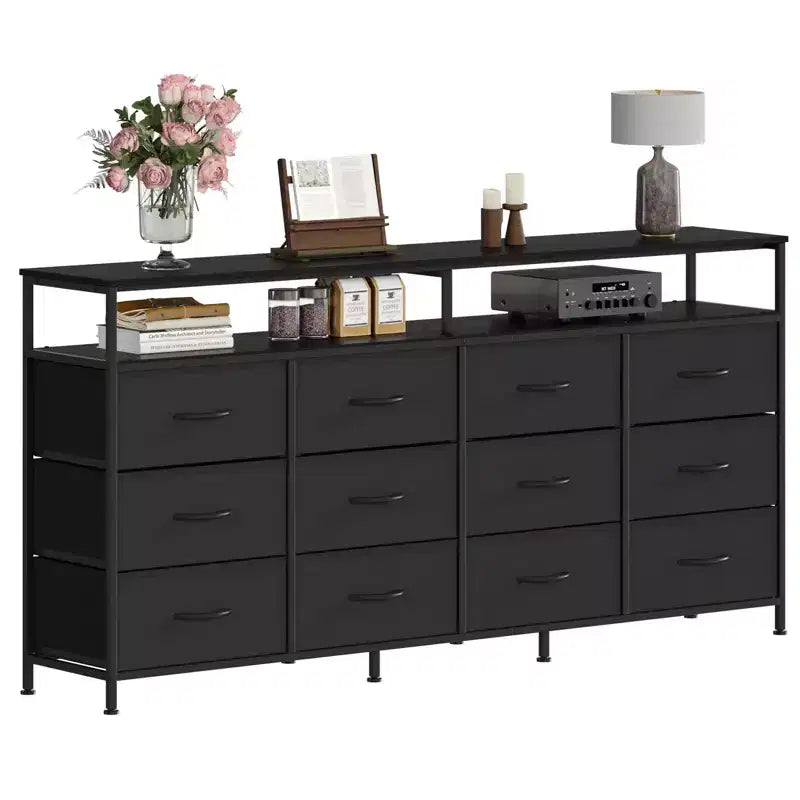 12 Drawers Fabric Dresser 63 Inch Long with Open Shelves TV Stand for Living Room Bedroom Chest of Drawers
