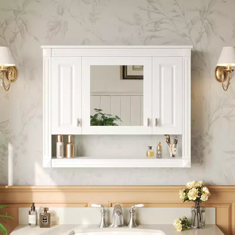 GDFStudio 35 Wall Mounted 3-Door Bathroom Medicine Cabinet with Mirror and Open Shelf