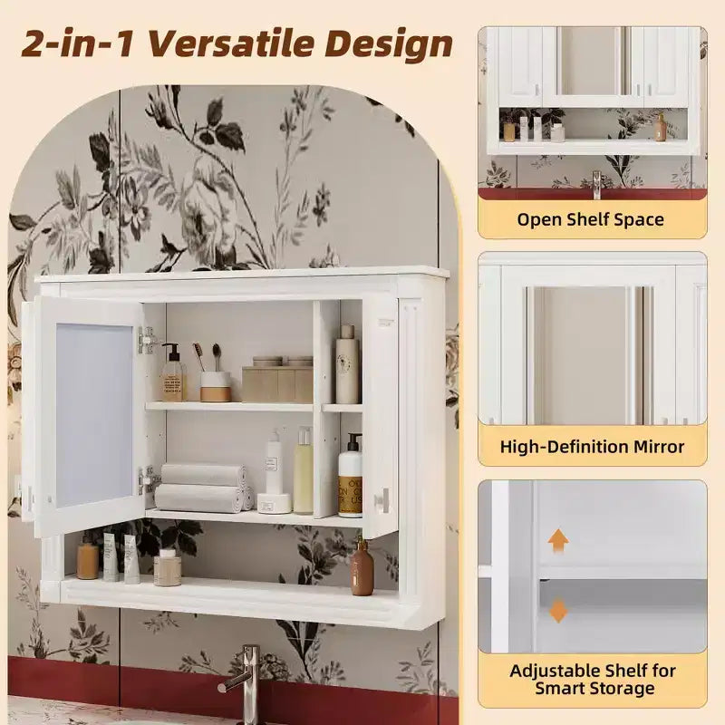 GDFStudio 35 Mobiletto per medicine da bagno a 3 ante a parete con specchio e ripiano aperto