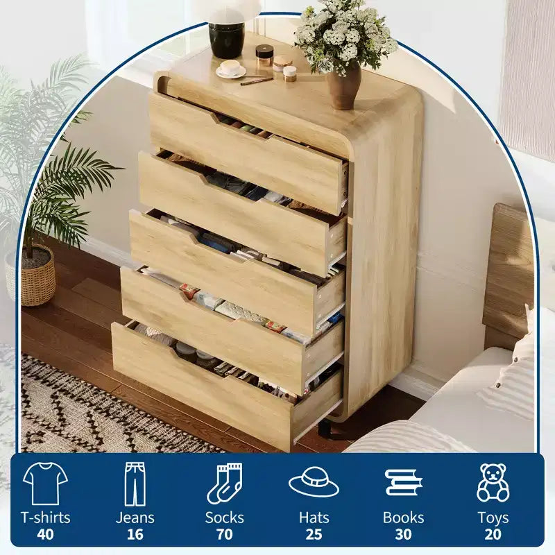 Cassettiera a 5 cassetti, cassettiera moderna alta 48, cassettiera in legno, per soggiorno, corridoio