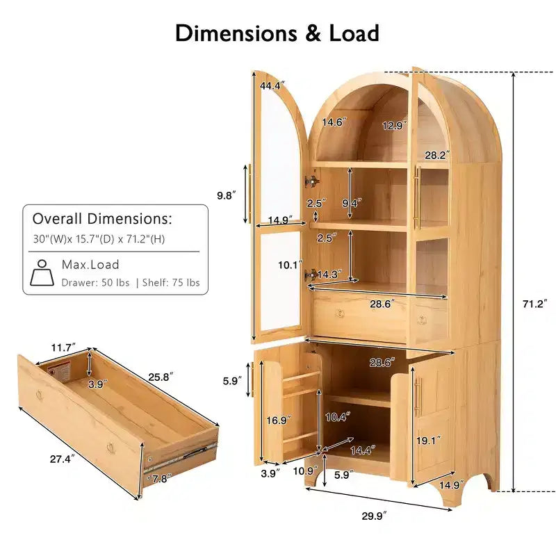 Zeus & Ruta 71 Mobile Dispensa Cucina ad Arco con Ante in Vetro, Ripiani Regolabili, Cassetto Nascosto e Portaspezie Integrato nell'Anta
