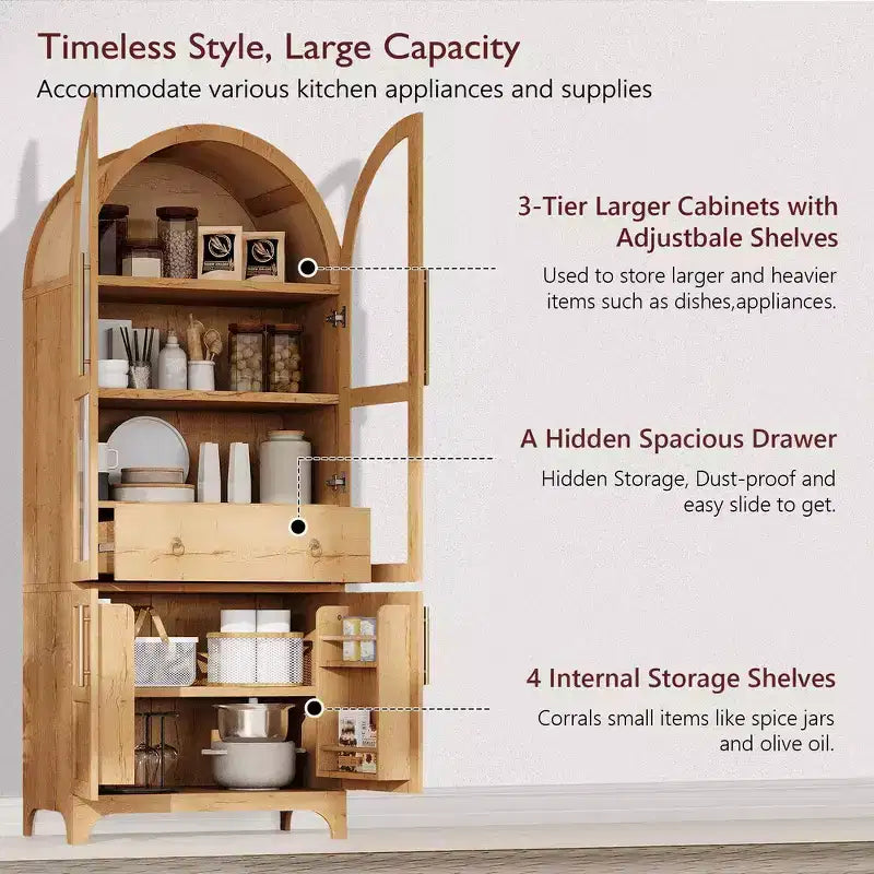 Zeus & Ruta 71 Mobile Dispensa Cucina ad Arco con Ante in Vetro, Ripiani Regolabili, Cassetto Nascosto e Portaspezie Integrato nell'Anta