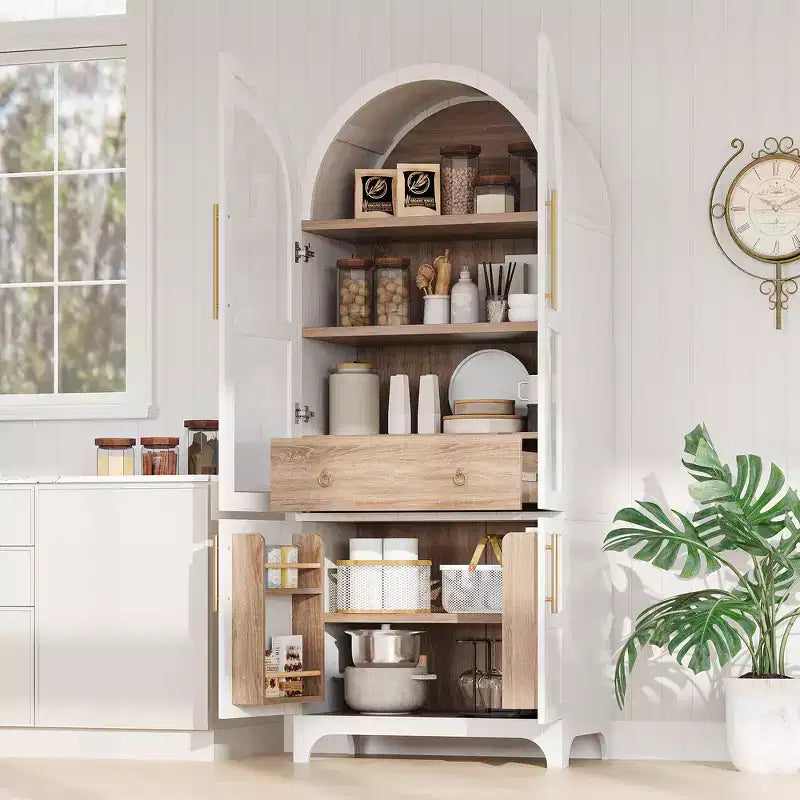 Zeus & Ruta 71 Mobile Dispensa Cucina ad Arco con Ante in Vetro, Ripiani Regolabili, Cassetto Nascosto e Portaspezie Integrato nell'Anta