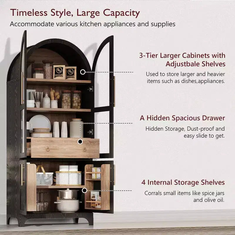 Zeus & Ruta 71 Mobile Dispensa Cucina ad Arco con Ante in Vetro, Ripiani Regolabili, Cassetto Nascosto e Portaspezie Integrato nell'Anta