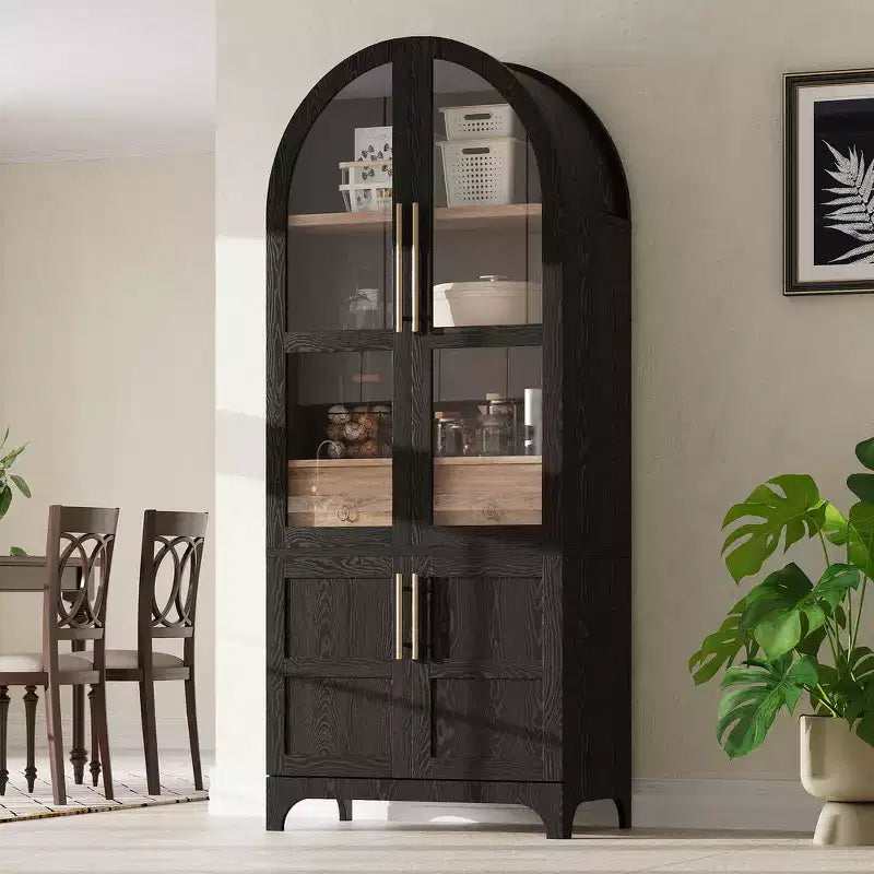 Zeus & Ruta 71 Arched Kitchen Pantry Cabinet with Glass Door, Adjustable Shelves, Hidden Drawer & Door Racks