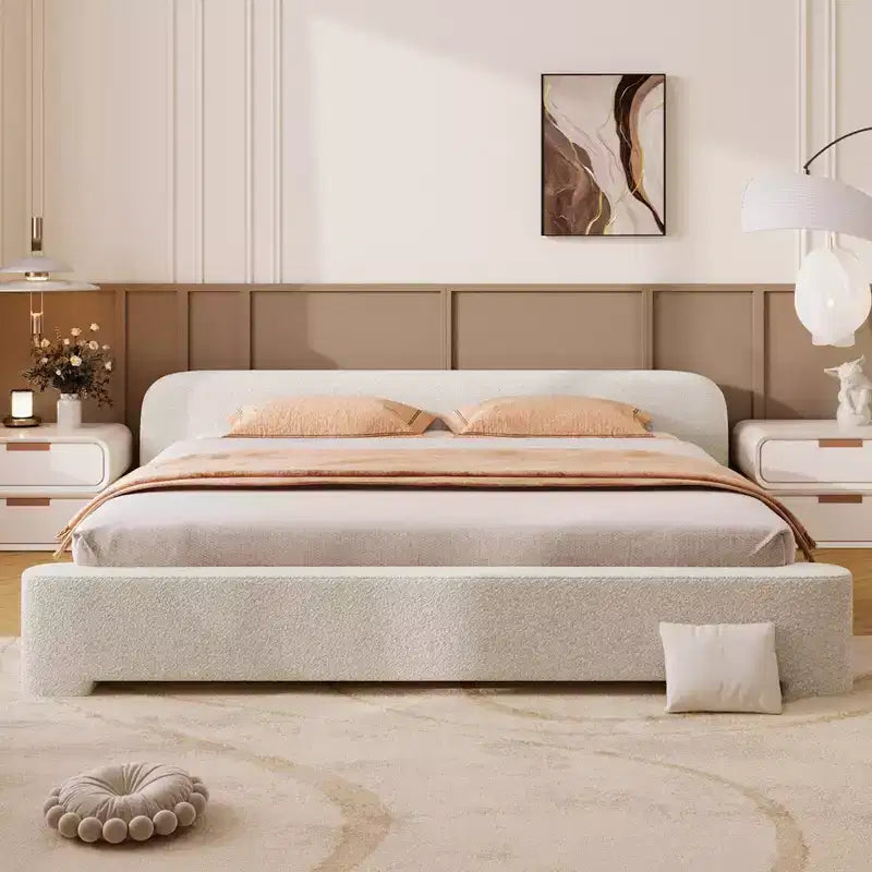 White Boucle Upholstered Bed Frame with Soft Curved Profile, Durable Wood Support and Easy Assembly for Cozy Modern Bedrooms, King