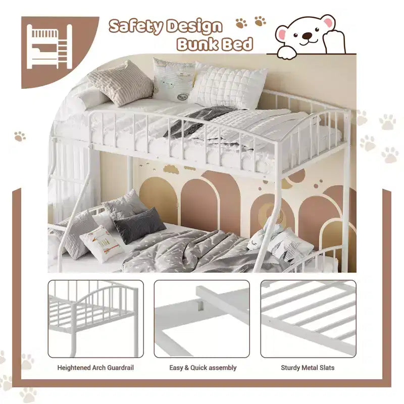 Letto a Castello Salvaspazio Matrimoniale  Telaio in Acciaio Resistente, Ringhiera Curva, Scala, Supporto a Doghe Robuste  Nessuna Rete a Molle Necessaria