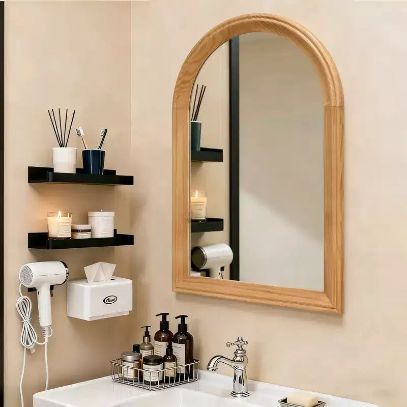 Whisen Arched Decorative Wall Mirror with Natural Oak Wood Frame, Modern Rustic Bathroom Vanity Mirror - Natural Wood