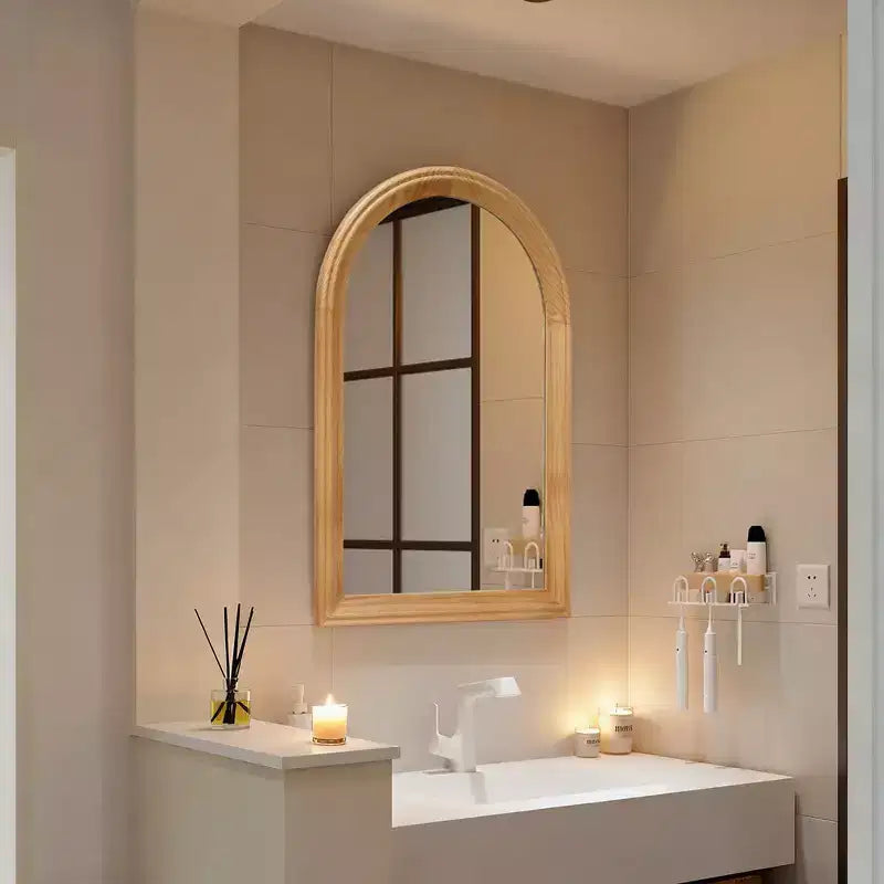 Specchio da parete decorativo ad arco Whisen con cornice in legno di quercia naturale, specchio da bagno moderno rustico - Legno naturale