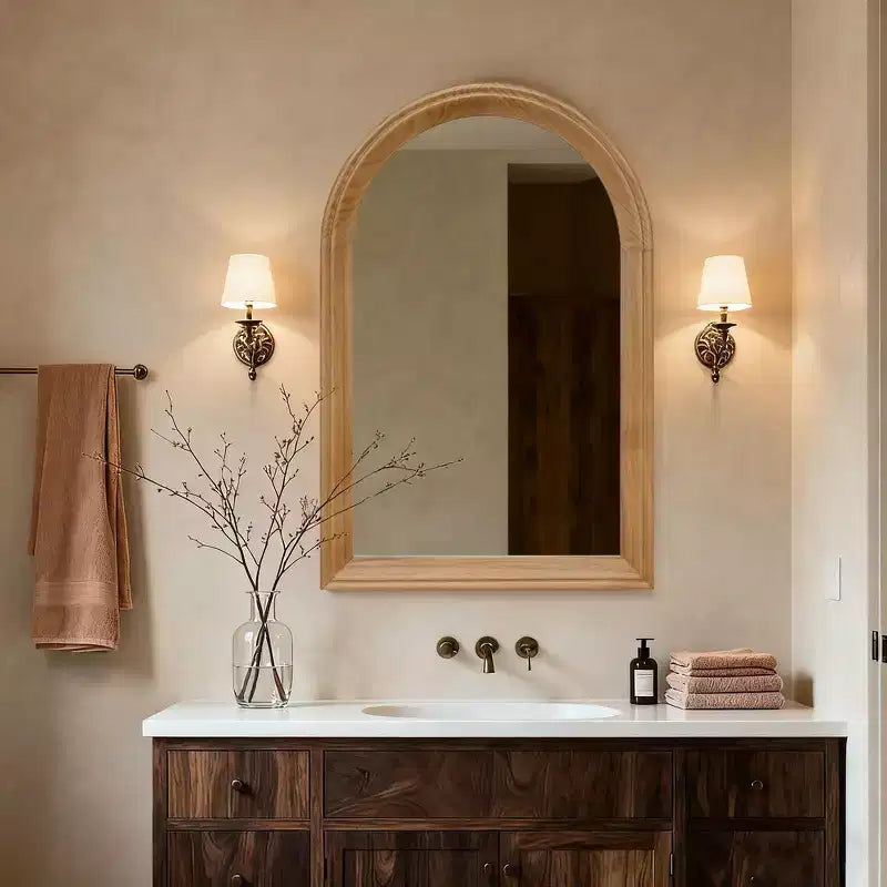 Specchio da parete decorativo ad arco Whisen con cornice in legno di quercia naturale, specchio da bagno moderno rustico - Legno naturale