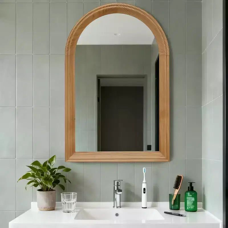 Specchio da parete decorativo ad arco Whisen con cornice in legno di quercia naturale, specchio da bagno moderno rustico - Legno naturale