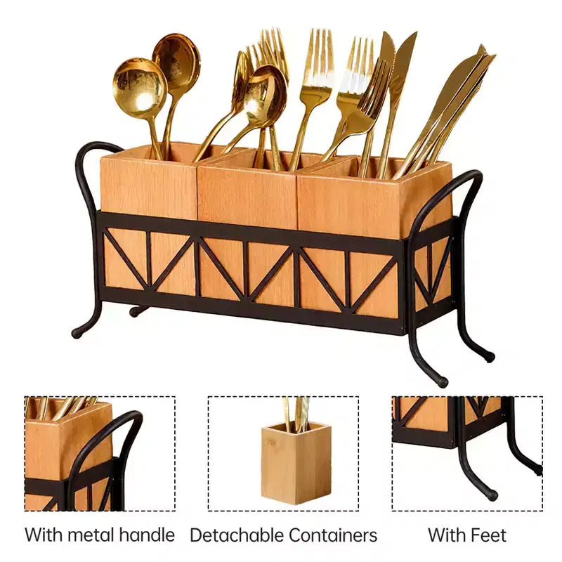Portautensili in legno di acacia, contenitore portaposate impermeabile con 3 scomparti rimovibili e manici, per feste/barbecue