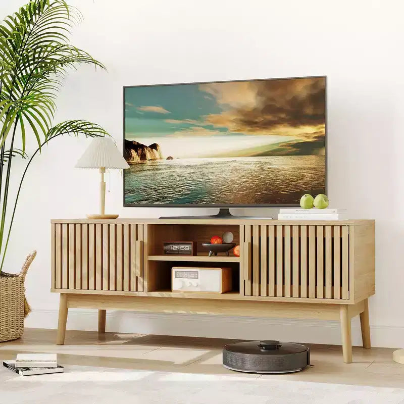 Modern Boho TV Stand for 50 Inch TV, Fluted Door Entertainment Center, Living Room Media Console Table with Open Shelves Cabinet