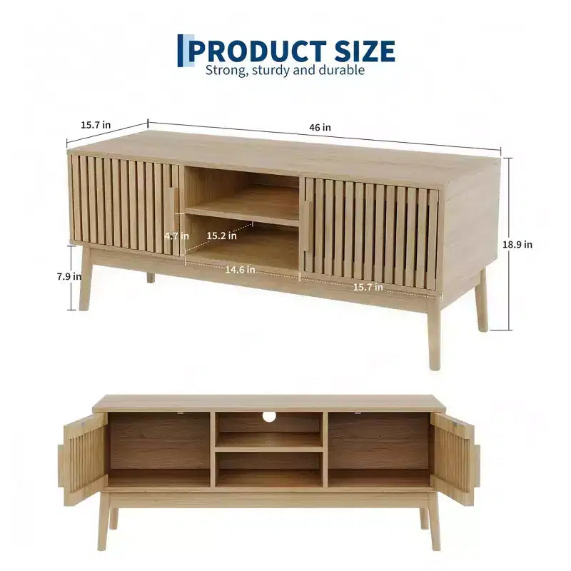 Mobile porta TV moderno stile Boho per televisori da 50 pollici, mobile TV con ante scanalate, console multimediale da salotto con vani a giorno e armadietto