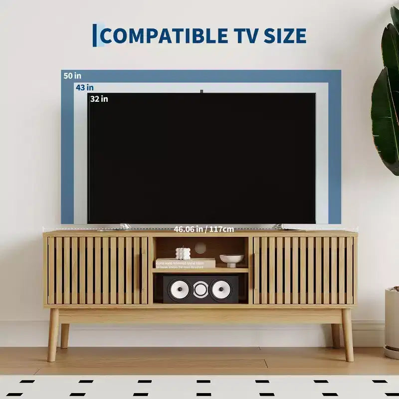 Mobile porta TV moderno stile Boho per televisori da 50 pollici, mobile TV con ante scanalate, console multimediale da salotto con vani a giorno e armadietto