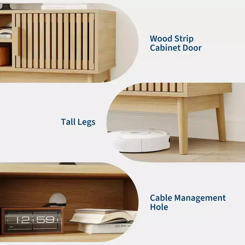 Mobile porta TV moderno stile Boho per televisori da 50 pollici, mobile TV con ante scanalate, console multimediale da salotto con vani a giorno e armadietto