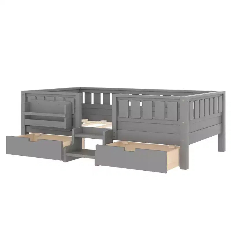 Bellemave Letto a piattaforma con librerie integrate e cassetti portaoggetti, telaio letto a piattaforma in legno massiccio con scala e ringhiere per bambini